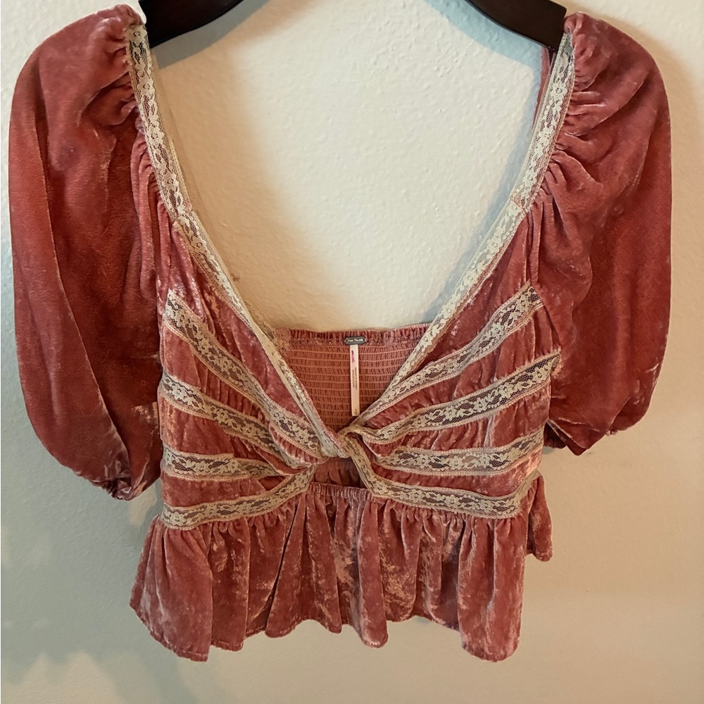 Free People Velvet Lace Blouse in Dusty Pink